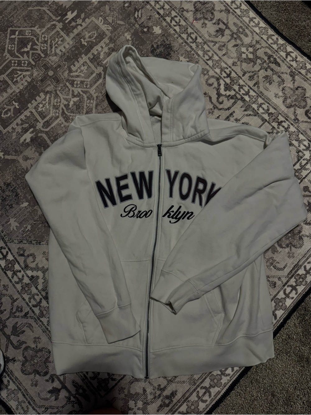 Aeropostale Cream Zip-Up Hoodie with Navy 'New York Brooklyn' Lettering
